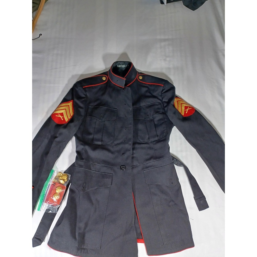 Coat Mens 34 Blue Military Dress USMC Style Belted Piped Long Parade Jacket‎